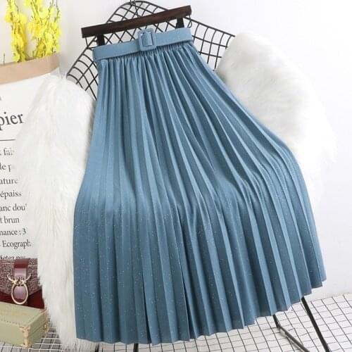 High Waist A-Skirts Womens Pleated Long Skirt Pure Color Casual Half-length Skirts Belt Decoration Korean Falda Mujer Sabia