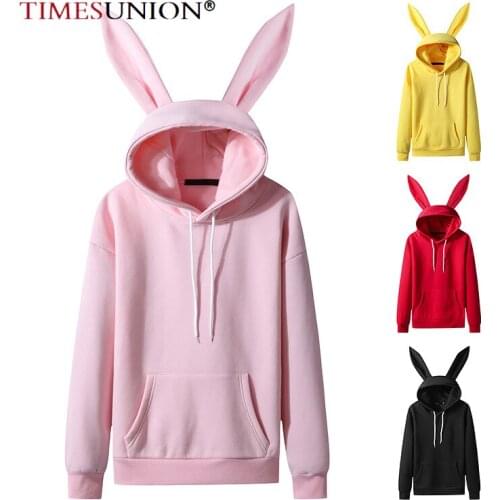 Women Pullovers Sweatshirt Rabbit Ear Design Hat 2021 Autumn Loose Hoodies Multi Color Fleece Lined Casual All Match Top