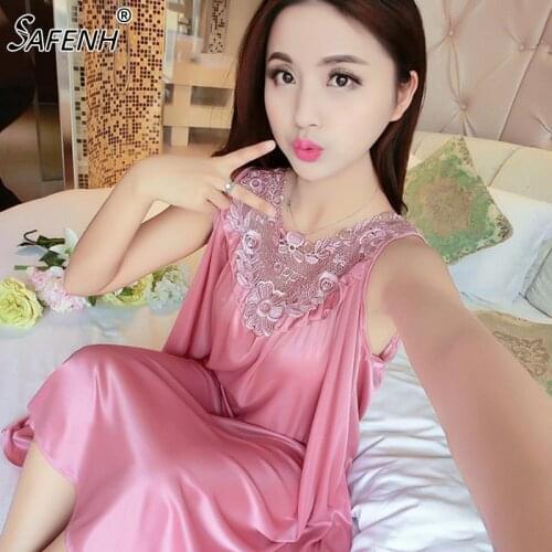 Womens Summer Lace Ice Silk Nightdress Lingerie Sleepwear Female Sleeveless Loose Plus Size Nightgown