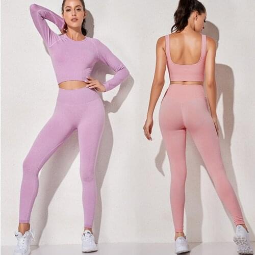 Seamless Women Yoga Set Fitness Long Sleeve Crop Top High Waist Tights Short Suits Gym Set Workout Sportswear Gym Clothing