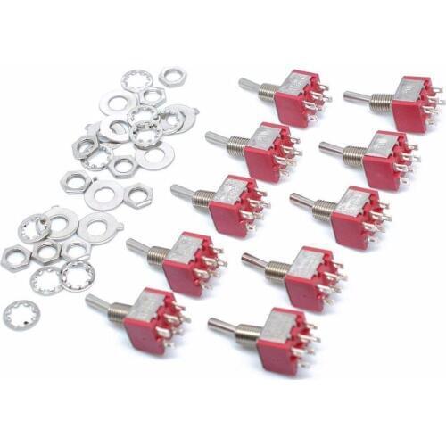 10pcs Mts-203 Red 6 Pin ON-OFF-ON 6 mm Thread DPDT Locking Mini Toggle Switch, AC 125V 6A