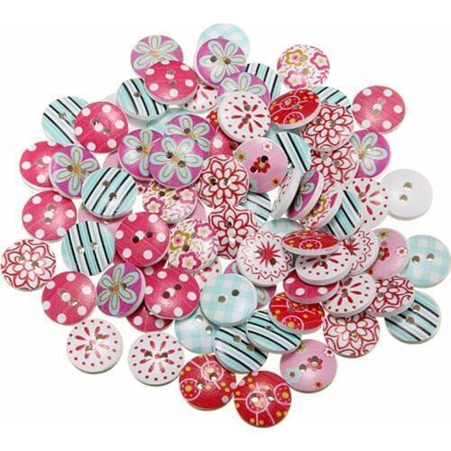 50pcs 15mm Mixed round retro Floral printing pattern wood decorative button2 holes Sewing wood button flatback Scrapbook 7NK248