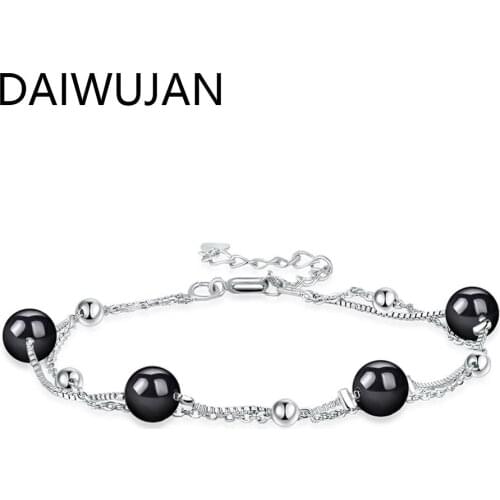 DAIWUJAN Simple 925 Sterling Silver Agate Bracelets for Women Fashion Gold Color Double Layer Beads Chain Chalcedon Jewelry Gift