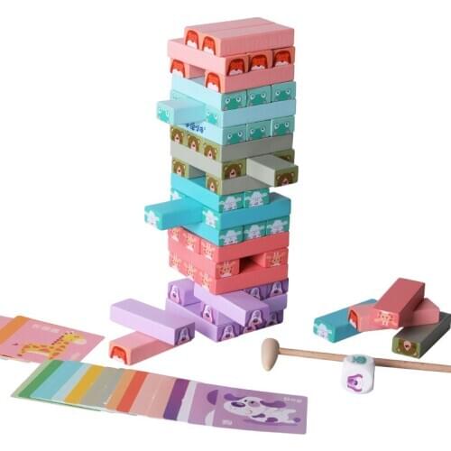 Stack Height Wooden Block Toys for Children Montessori Wood Stacking Tower Domino Parent Child Game Color Animal Learning