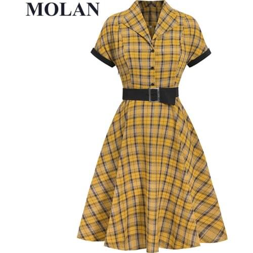 Woman Retro Hepburn Style Fashion Dress Englang Plaid Original Turn Down Collar Pleated Short Sleeve New Female Chic Dress