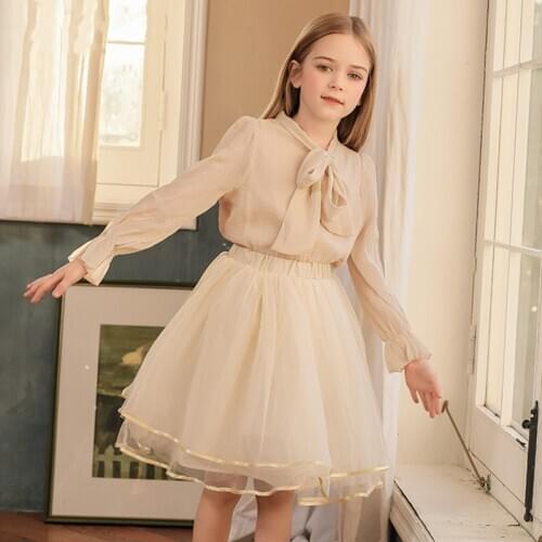 2 Piece Girls Skirt Shirt Set Long Sleeve Candy Color Blouse Loose Mesh Hem Skirts 2 Pcs Clothing Suit For Kids Children Clothes