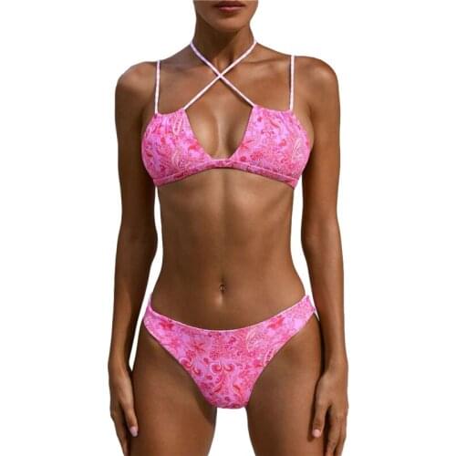 Summer Women Printing Lace Up Bikini Ladies Split Swimsuit Set Sexy Backless Swimwear Bathing Suit For Vacation Swimming Suit