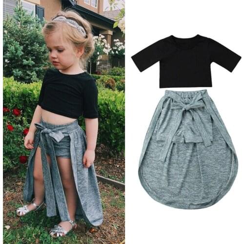 Toddler Baby Girls Summer Fashion Casual 2PCS Short Sleeve Solid Black T-Shirts Tops Belt Short Skirts Outfit 6M-5Y
