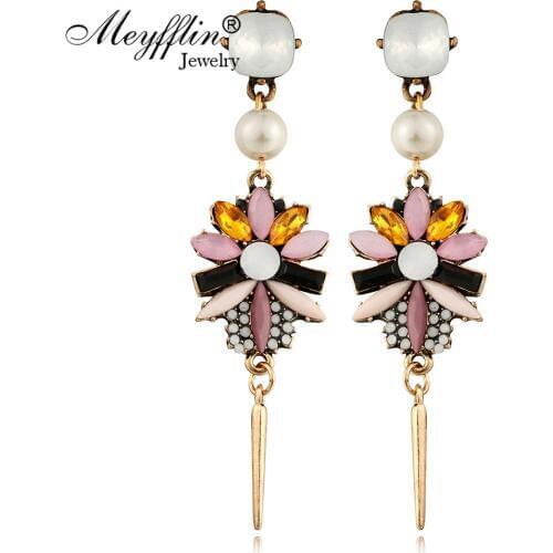 Meyfflin Fashion Long Earrings for Women Simulated Pearl Drop Earrings Crystal Waterdrop Female Acrylic Flower Party Jewelry