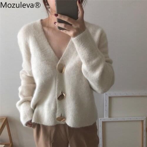 Mozuleva Soft Mohair Cardigans Sweater Women Single Breasted V Neck Knitted Sweater Jacket Long Sleeve Jumper Autumn Winter