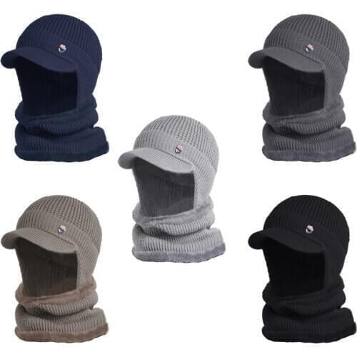 Men Winter 2Pcs Set Visor Earflap Beanie Hat with Scarf Knit Plush Lined Warmer 1XCA