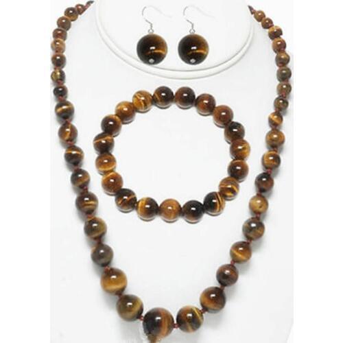 6-14MM GENUINE TIGER EYE GEMS ROUND NECKLACE 18" BRACELET EARRINGS SET