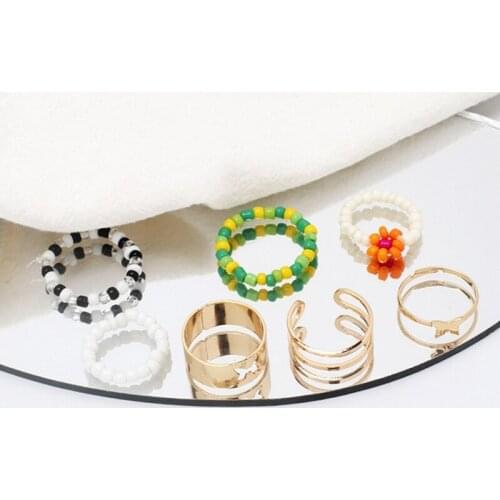 Boho Summer Style Rice Beads Rings Set For Women Elastic Adjustable Ring Girls New Fashion Star Conch Shell Accessories