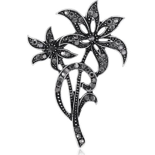 Ajojewel New Black CZ Flower Brooches Pins For Women Men Costume Jewelry Bijoux Anciens