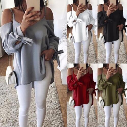 2018 New Solid Color Sexy Women Long Sleeve V-Neck Spring Summer Casual Strappy Blouse Top