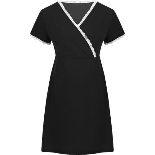 Maternity Nursing Dress Women Breastfeeding Clothes Pregnant Femme Nightgown Casual V Neck Lace Trimming Pleated Pregnancy Dress