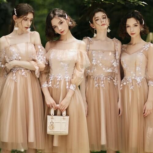 Bridesmaids Dress Illusion Off The Shoulder Luxury Floor-Length Embroidery O-Neck A-Line Tulle Lace Lady Wedding Party Gown E166