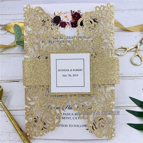 Fancy Glitter Rose Gold Floral Invites for Wedding, Quinceanera And Sweet 16, Customizable Invite With Belly Band & Envelope