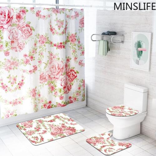 Romantic Pink Rose Printed Waterproof Fabric Shower Curtains Bath Curtain Sets Toilet Cover Pad Floor Mat Bathroonm Decoration