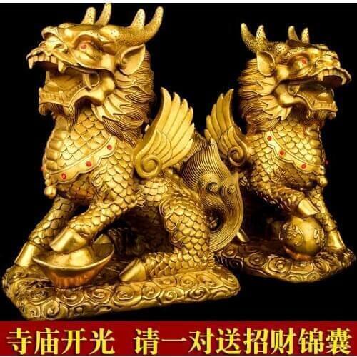 GOOD Bring in wealth # HOME office business TOP Money Drawing Mascot # GOLD QI LIN dragon kylin FENG SHUI Brass statue