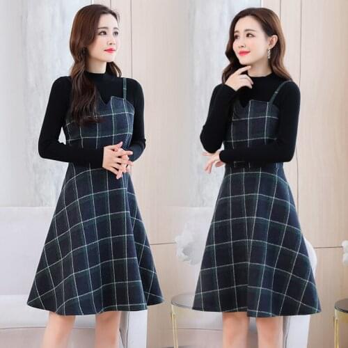 Sweater+Woolen Dress Vintage Two-piece Suit Women 2021 Winter Plus Size Wool Dress Korean Warm plaid Casual Vestidos Office Sets