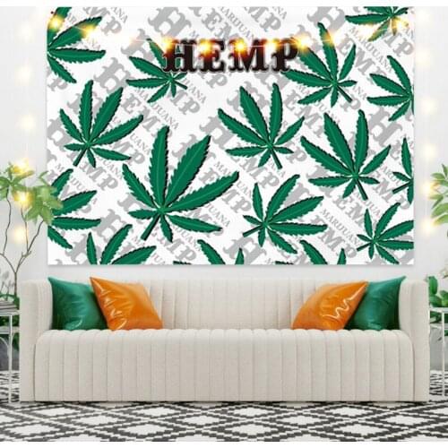 Green Hemp Leaves Gray Tapestry Vintage Exotic Summer Plant Nature Frame for Bedroom Photography Wall Decor