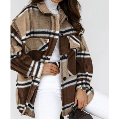Dropshipping Women Turn Down Collar Long Sleeve Pockets Single-breasted Plaid Jacket Coat