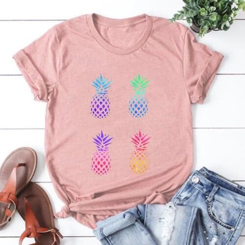 Pineapple Print Women Shirts Summer Plus Size Hawaii Beach Vacation Tshirt Vintage Aesthetic Clothes Pineapple Tees Pink