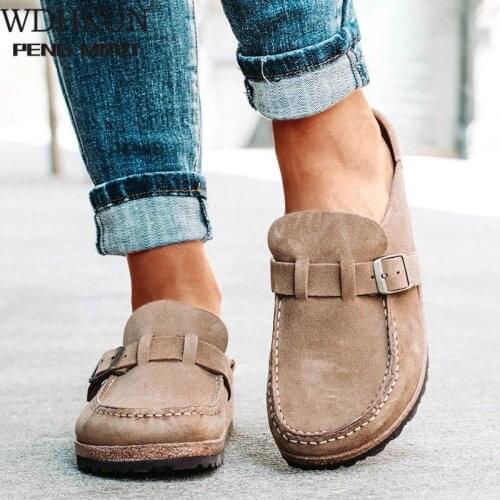 Women Slip On Sandals 2020 Summer Retro Casual Comfy Leather Buckle Suede Ladies Flat Shoes Soft Female Flat Slipper Shoes