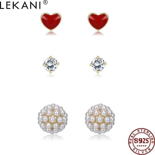 LEKANI 100% 925 Sterling Silver For Women Round Zircon Stud Earrings Red Heart And Ball Pearl Earrings Set Anniversary Jewelry