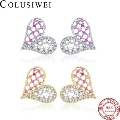 Colusiwei 925 Sterling Silver Love Heart Stud Earrings Shell Pear Crystal Earrings for Women Statement Fine Luxury Jewelry