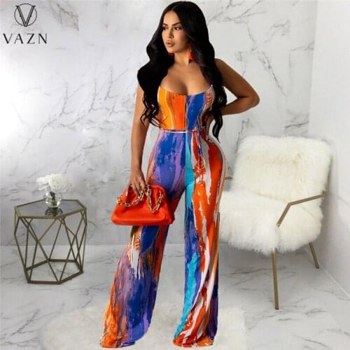 VAZN 2021 Autumn High-end Sexy Club Chiffon Backless Jumpsuits Halter Off Shoulder Women High Waist Wide Leg Jumpsuits