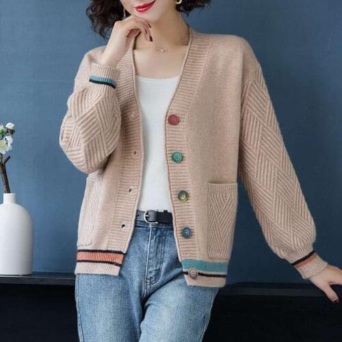 Casual Stripes Colored Button V-Neck Women Cardigan With Pocket Harajuku Knitted Coat Korean Fashion Knitwear Tops Female