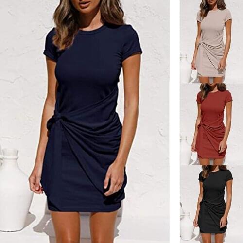 Women bow belt irregular Party Dress Summer sleeveless round neck pleated Tanl Mini Dresses Female Knotted Bodycon Dresses