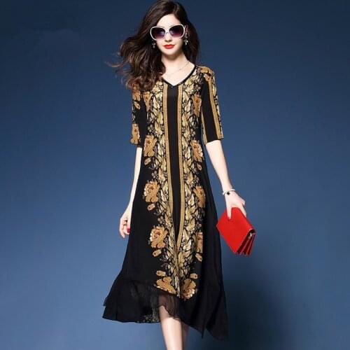Elegant Long Silk Dresses Ladies V-Neck Short Sleeved Loose Floral Printed Dress Female Vintage Party Robe Vestidos Plus Size