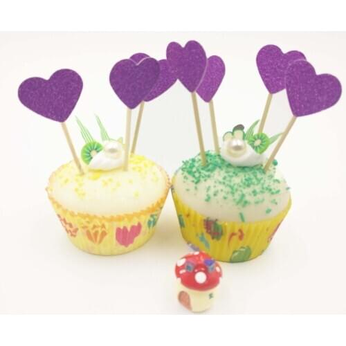 10pcs/set Violet Heart Toothpick Wedding Cupcake Topper Cake Kid Shower Birthday Party Decoration Cake Baking Party Supply