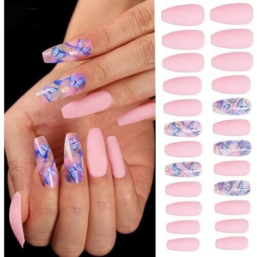 24pcs/box Full Cover Long Stiletto French Fake Nails Pink Butterfly Pattern Coffin Ballerina False Nails Acrylic Nail Art Tips