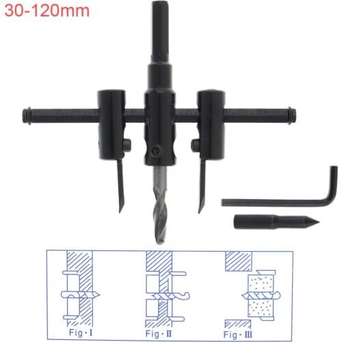30-120mm Carbon steel Adjustable Aircraft-type Wood Circle Hole Saw Cutter Tool Kit Cordless Drill Bit for Woodworking