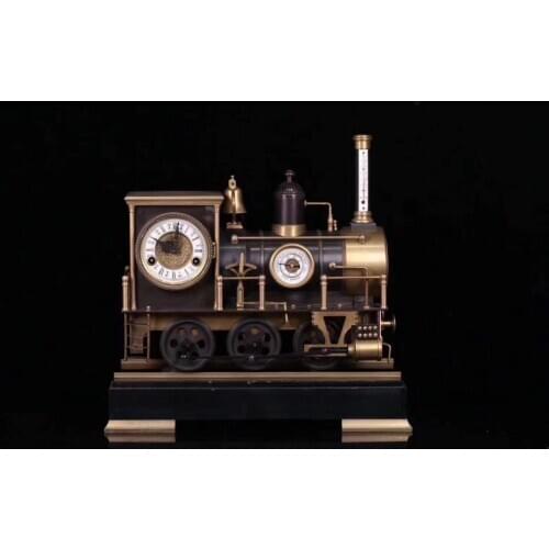 47 cm Europe Retro Bronze Marble Steam Train Model Mechanical Swing Table Clock