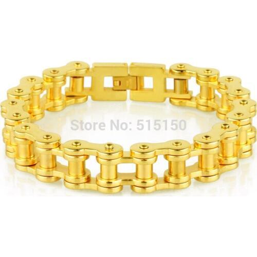 8.86" 12mm High Quality18K Gold Tone Punk Stainless Steel Bracelet Mens Biker Bicycle Motorcycle Chain Bracelets Jewelry
