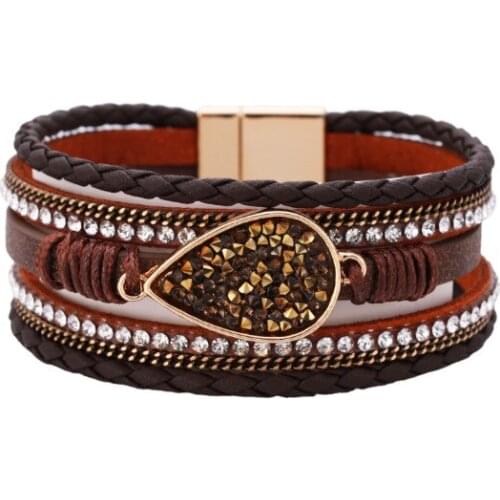 ORNAPEADIA Bohemian Ethnic Style Bracelet Personality Niche Water Drop Diamond Accessories Multilayer Magnetic Leather Bracelet