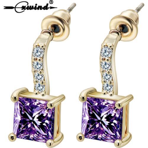 Cxwind Charms White/Purple Square Crystal Zircon Earring Unique Design Piercing Stud Earrings for Women Girl Gift Jewelry