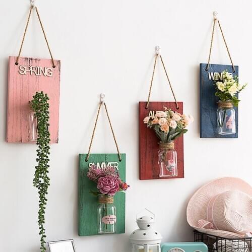 Decorative Jar With Artificial Flowers And Vintage Wooden Board Hanging Wall Decor Fairy String Lights (Not including Light)