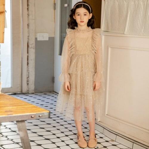 Korean Kids Girls Party Birthday Dress 2021 New Long Sleeve Pink White Champagne Princess Teenage Clothes