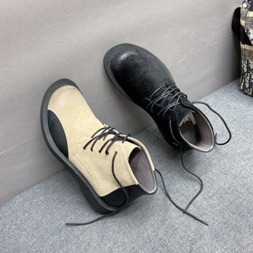 European Spring And Autumn Fashion Korean Retro Thick-Soled Martin Boots Flat Leather Comfortable Lace-Up Single Boots