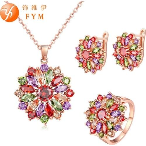 FYM Brand Jewelry Sets for Women Rose Gold color Multicolor AAA Cubic Zircon Earring/Necklace/Ring Flower Set Choose Size Ring
