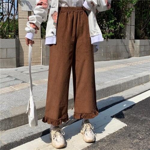 Japanese Kawaii Preppy Style Ruffles GirlS Autumn Loose Fall Women Solid Lolita Style Capris High Waist Leg Trousers Pants