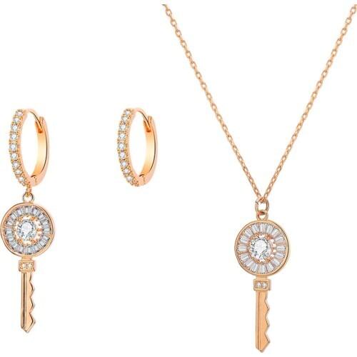 Luxury Small Key Pendant Jewelry Set Cubic Zirconia CZ Choker Necklace Gold Color Bracelets Earrings sets For Women Accessories