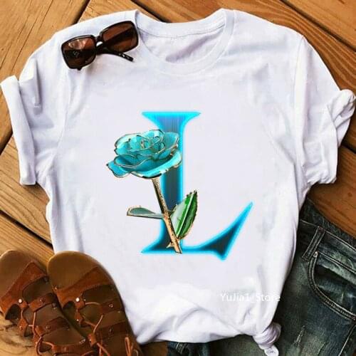 2021 Hot Sale 26 Alphabet Letter L Print Tshirt WomenS Clothing Harajuku Kawaii T Shirt Femme Blue Rose T-Shirt Tops