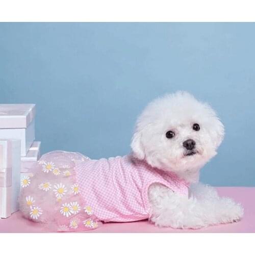 Dog Dress Pet Clothing Pet Dress Grids Pattern floral print tulle Skin-friendly Breathable Pet Dogs Tulle Dress for Summer 2021